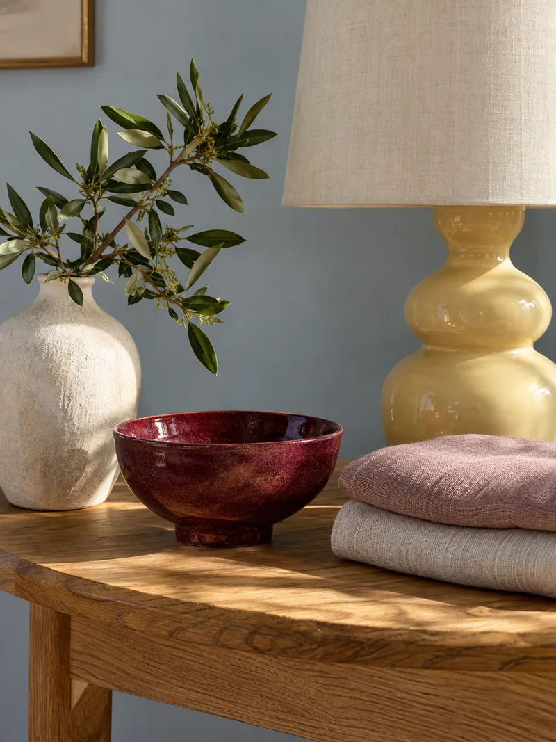 A butter-yellow lamp, burgundy bowl, and folded linen against a blue wall